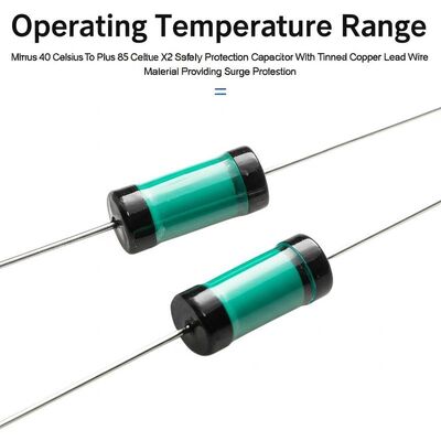 Phạm vi nhiệt độ hoạt động Tối thiểu 40 độ C đến Tối đa 85 độ C X2 Capacitor bảo vệ an toàn với vật liệu dây chì đồng đóng hộp cung cấp bảo vệ sóng